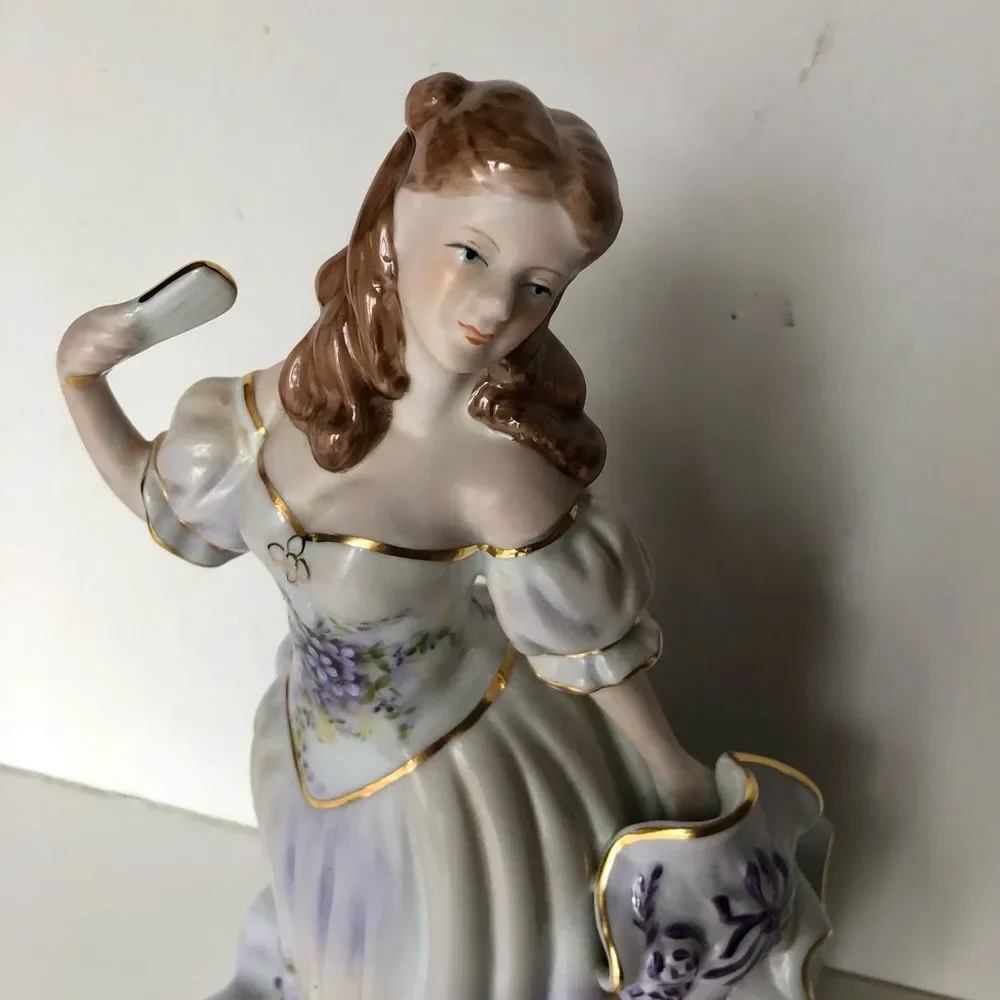 MUSIC BOX LADY PLAYS FOR ELISA IN DRESS WHITE, PURPLE FLOWERS AND TRIM GOLD